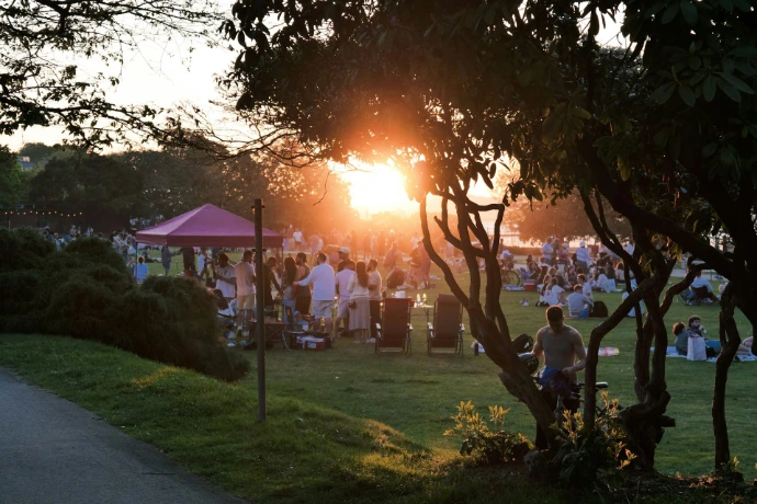 People gather in a park at sunset.